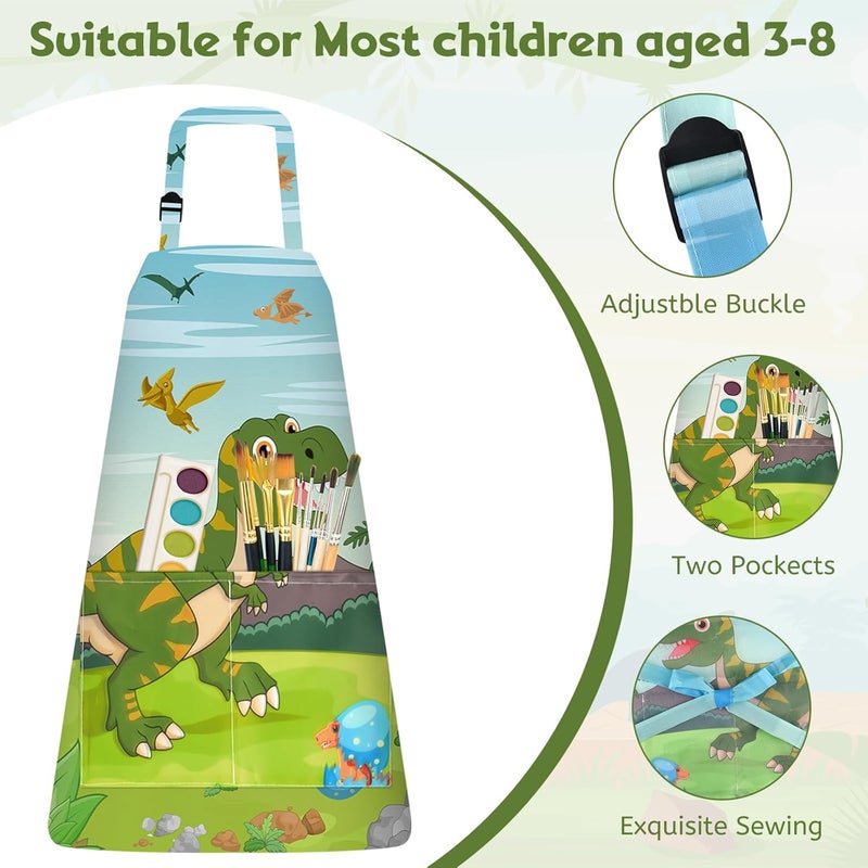 PLULON 4 Pcs Kids Aprons with Pockets Painting Apron for Kids, Dinosaur Kids Apron Adjustable Strap Dino Apron for Painting Cooking Baking Girls Boys Paint Dinosaur Party Supplies, 3-8 Years - Image 3